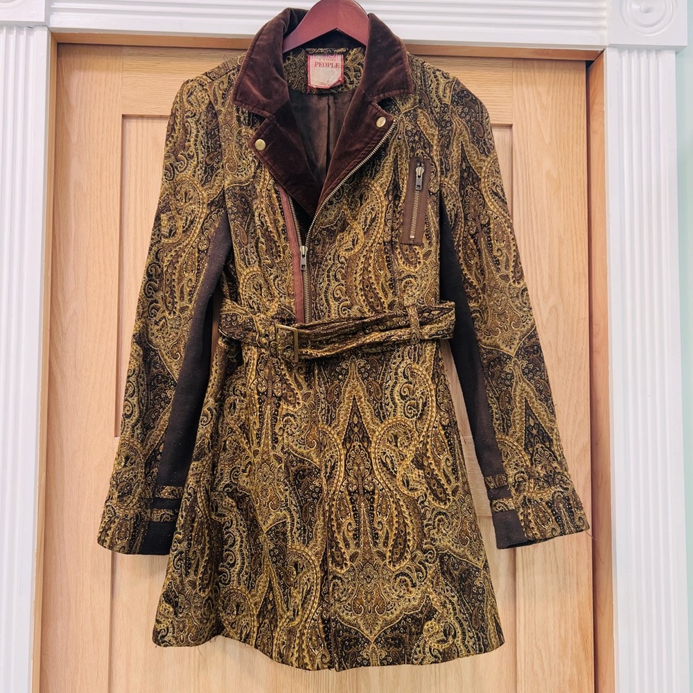 Free People Gold and Brown Paisley Trench Coat Jacket